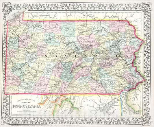 Historic Map : Mitchell Map of Pennsylvania , 1867, Vintage Wall Art