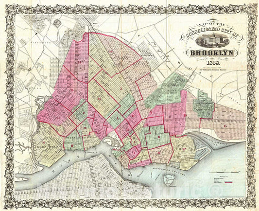 Historic Map : Bishop Pocket Map of Brooklyn, New York , 1868, Vintage Wall Art