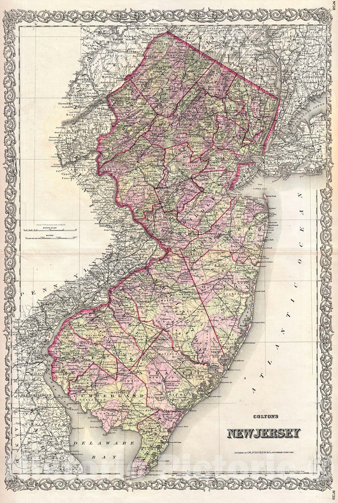 Historic Map : Colton Map of New Jersey, Version 4, 1868, Vintage Wall Art