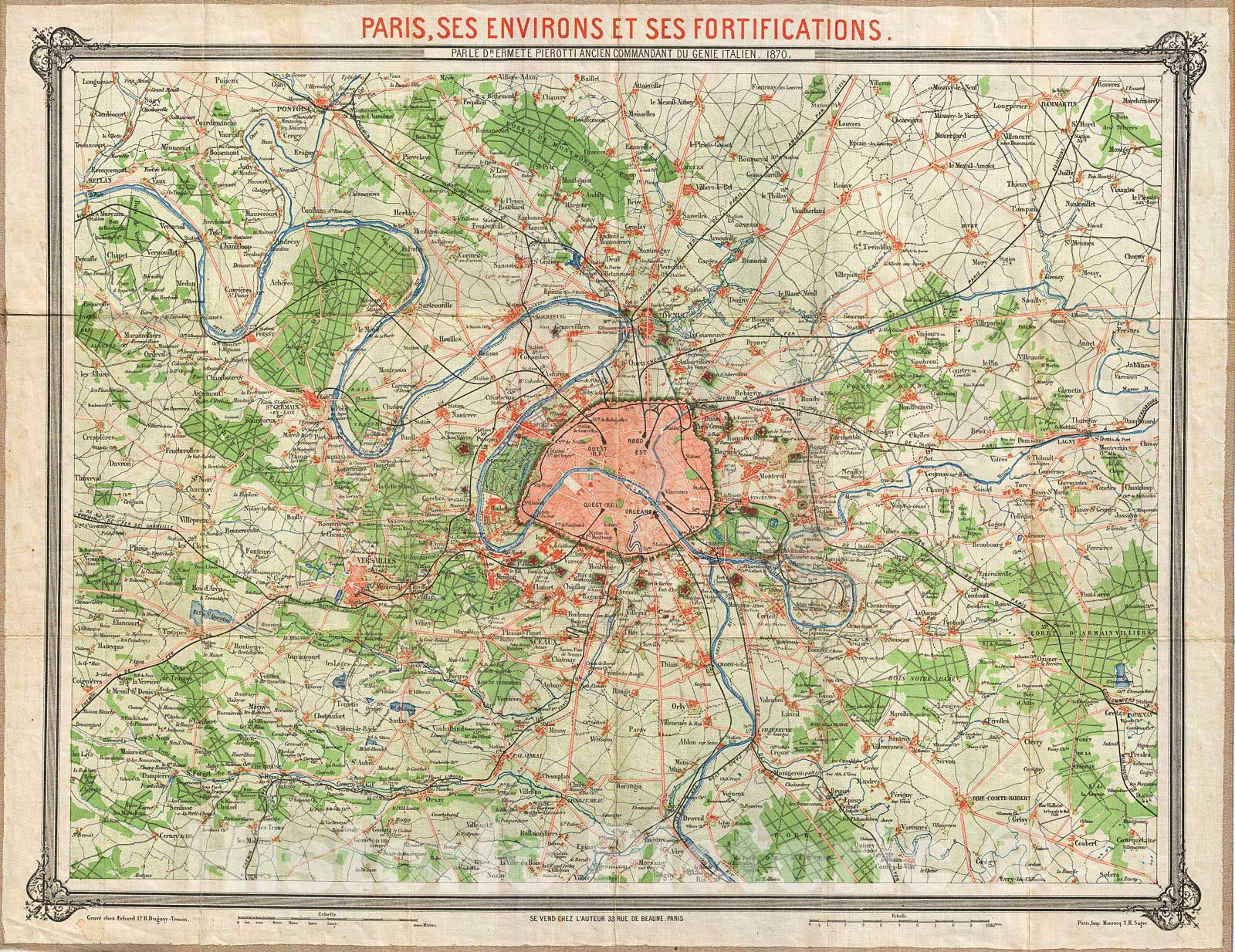 Historic Map : Erhard Map of Paris and Vicinity, France, 1870, Vintage Wall Art
