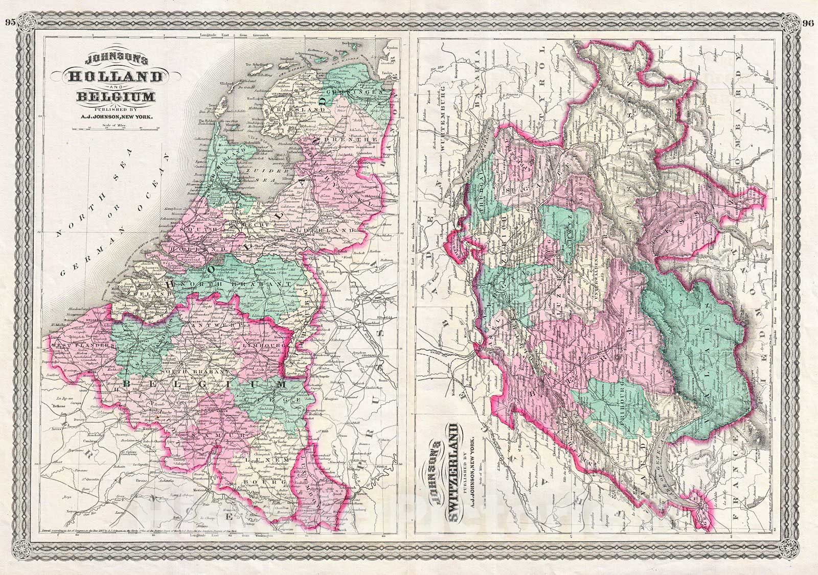 Historic Map : Johnson Map of Holland, Belgium, and Switzerland, 1870, Vintage Wall Art