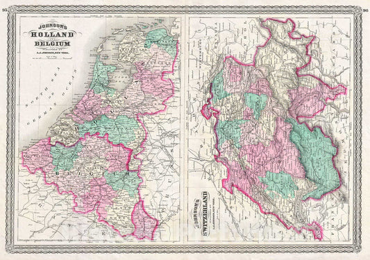 Historic Map : Johnson Map of Holland, Belgium, and Switzerland, 1870, Vintage Wall Art