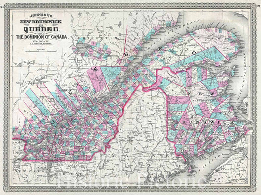 Historic Map : Johnson Map of Quebec, Canada, 1870, Vintage Wall Art