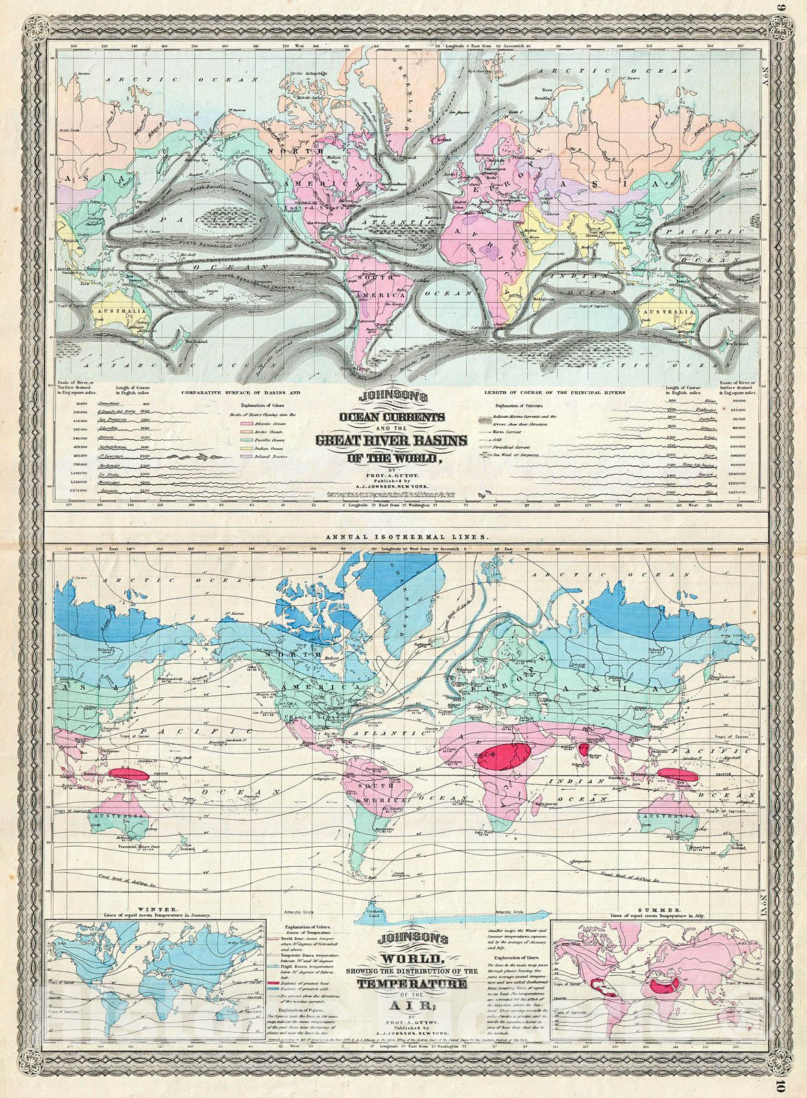 Historic Map : Johnson Map of The World Showing Temperature and Ocean Currents , 1870, Vintage Wall Art