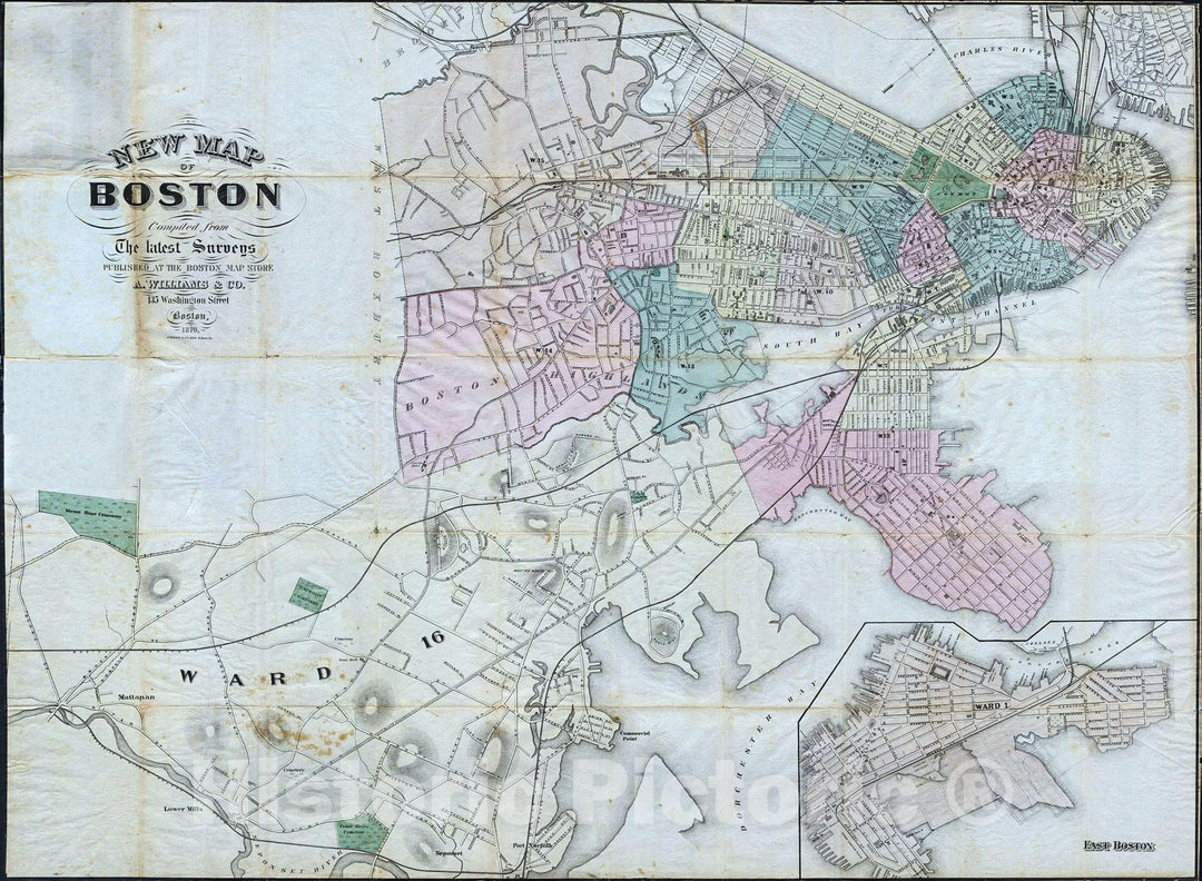 Historic Map : Williams Pocket Map or Plan of Boston, Massachusetts, 1870, Vintage Wall Art