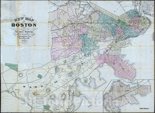 Historic Map : Williams Pocket Map or Plan of Boston, Massachusetts, 1870, Vintage Wall Art