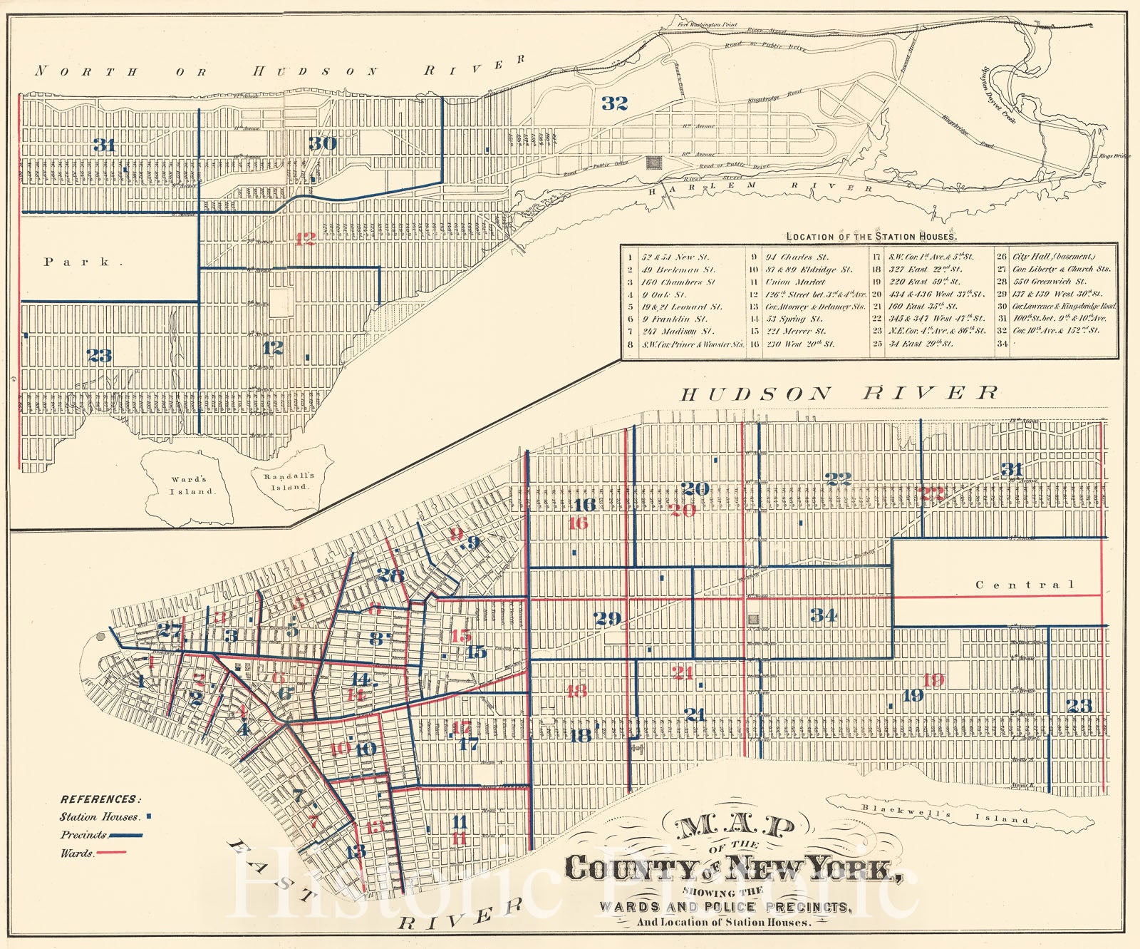 Historic Map : Hardy Map of New York City Police Departments , 1871, Vintage Wall Art