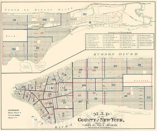 Historic Map : Hardy Map of New York City Police Departments , 1871, Vintage Wall Art