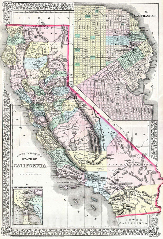 Historic Map : Mitchell Map of California w San Francisco Inset, 1872, Vintage Wall Art