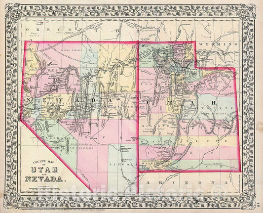 Historic Map : Mitchell Map of Utah and Nevada , Version 2, 1872, Vintage Wall Art