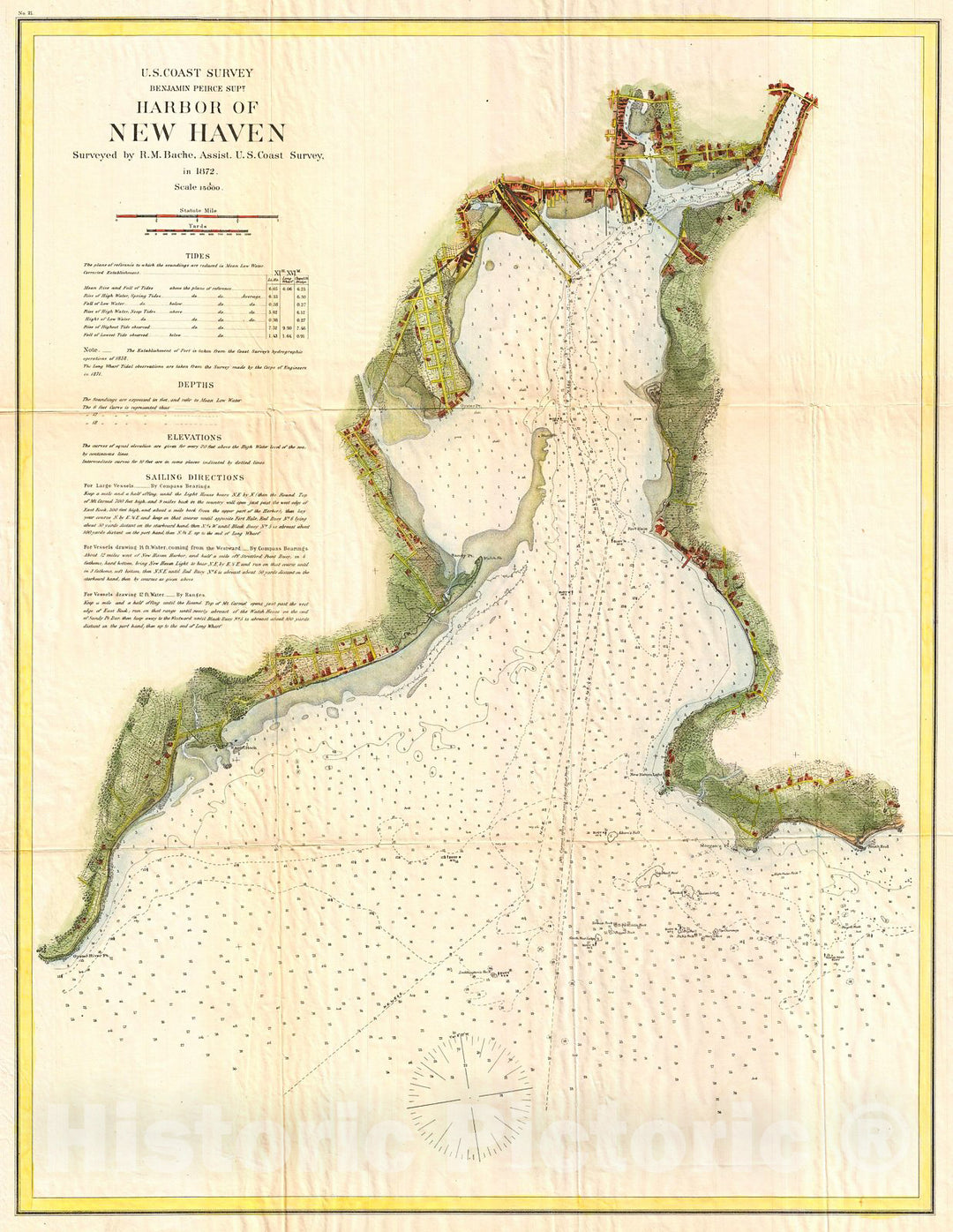 Historic Map : U.S. Coast Survey Map of New Haven, Connecticut , 1872, Vintage Wall Art