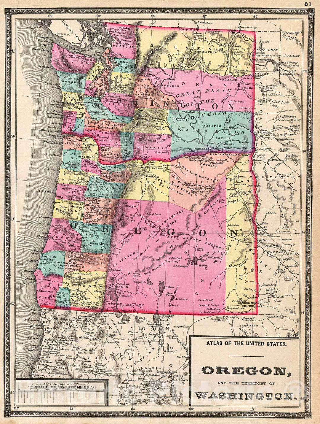 Historic Map : Walling Map of Washington anArtegon , 1872, Vintage Wall Art
