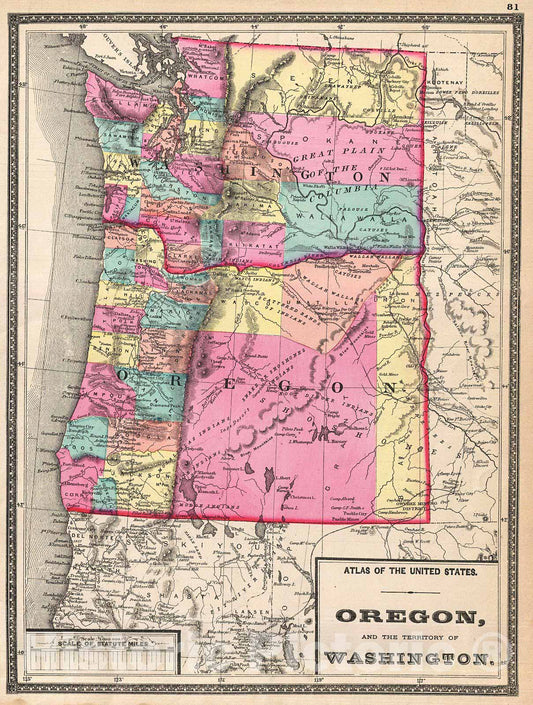 Historic Map : Walling Map of Washington anArtegon , 1872, Vintage Wall Art