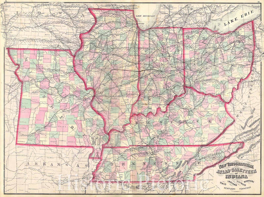 Historic Map : Asher Adams Map of The Midwest (Ohio, Indiana, Illinois, Missouri, Kentucky), 1873, Vintage Wall Art