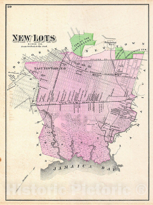 Historic Map : Beers Map of New Lots, Brooklyn, New York City (East New York, Jamaica Bay) , 1873, Vintage Wall Art