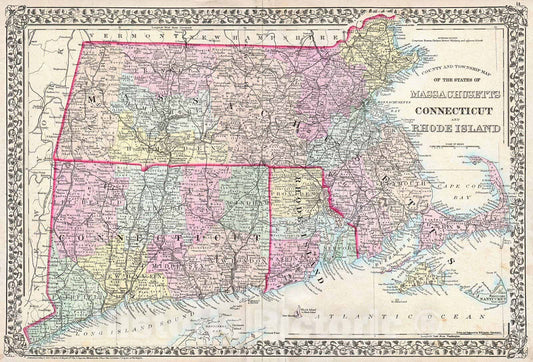 Historic Map : Mitchell Map of Massachusetts, Connecticut and Rhode Island, 1873, Vintage Wall Art