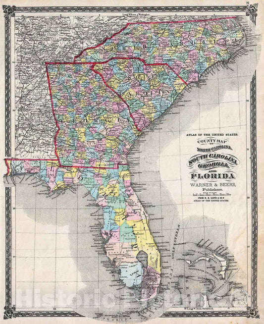 Historic Map : Beers Map of Florida, Georgia, North Carolina and South Carolina, 1874, Vintage Wall Art