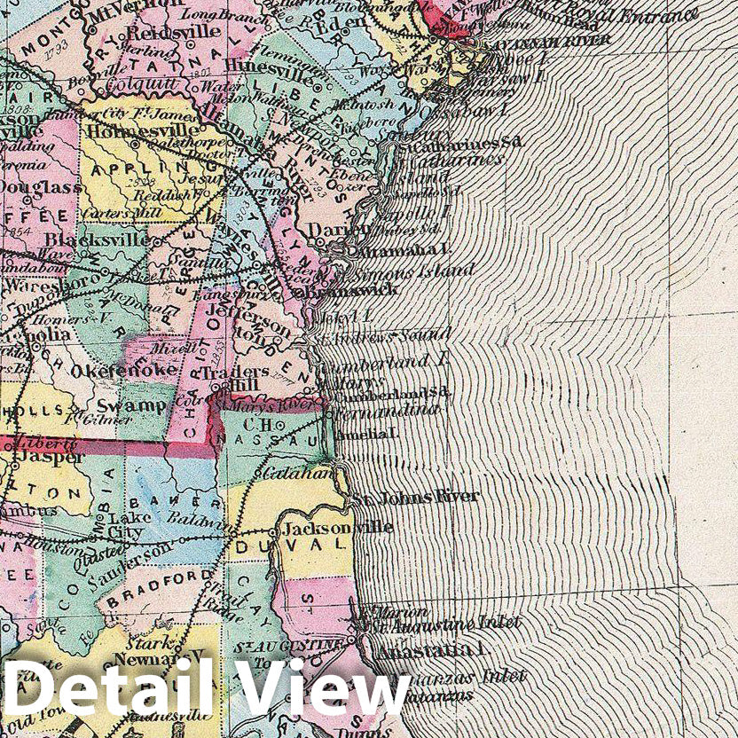 Historic Map : Beers Map of Florida, Georgia, North Carolina and South Carolina, 1874, Vintage Wall Art