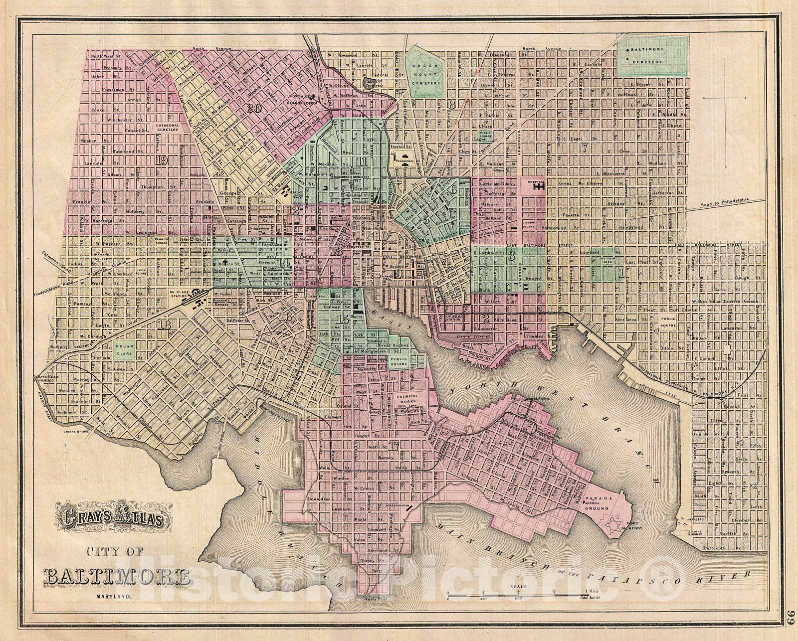 Historic Map : Gray Map of Baltimore, Maryland , 1874, Vintage Wall Art