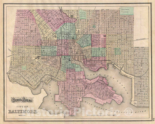 Historic Map : Gray Map of Baltimore, Maryland , 1874, Vintage Wall Art