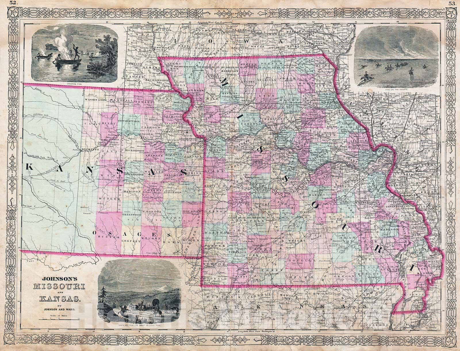 Historic Map : Johnson Map of Missouri and Kansas, Version 2, 1874, Vintage Wall Art