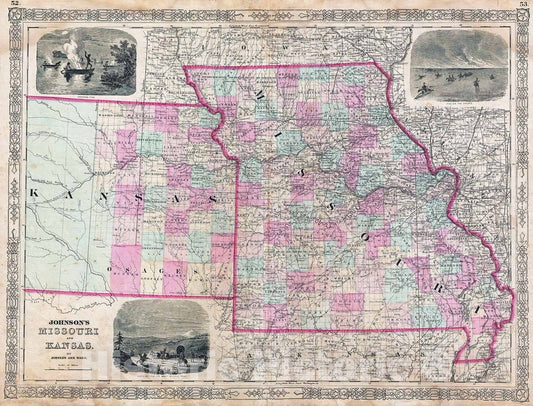 Historic Map : Johnson Map of Missouri and Kansas, Version 2, 1874, Vintage Wall Art