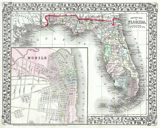 Historic Map : Mitchell Map of Florida w Mobile, Alabama Inset , 1874, Vintage Wall Art