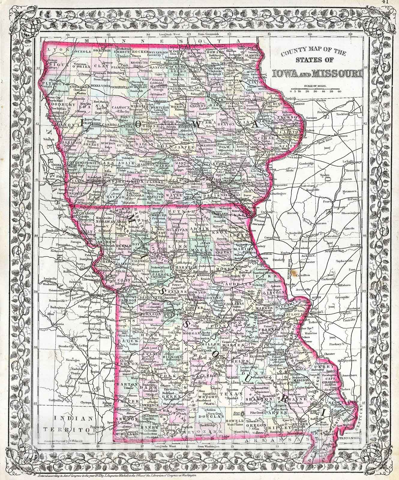 Historic Map : Mitchell Map of Iowa and Missouri , 1874, Vintage Wall Art
