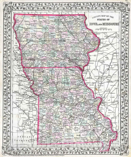 Historic Map : Mitchell Map of Iowa and Missouri , 1874, Vintage Wall Art