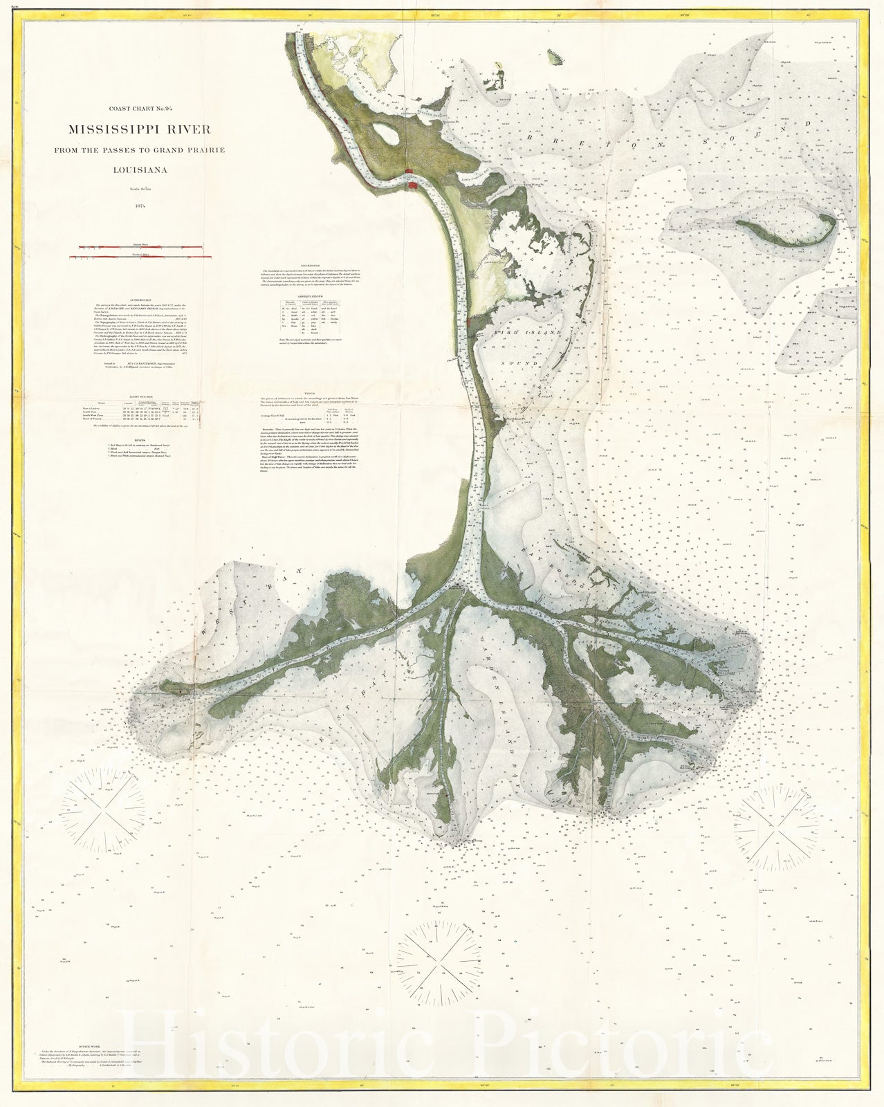 Historic Map : U.S. Coast Survey Map of The Mississippi Delta, 1874, Vintage Wall Art