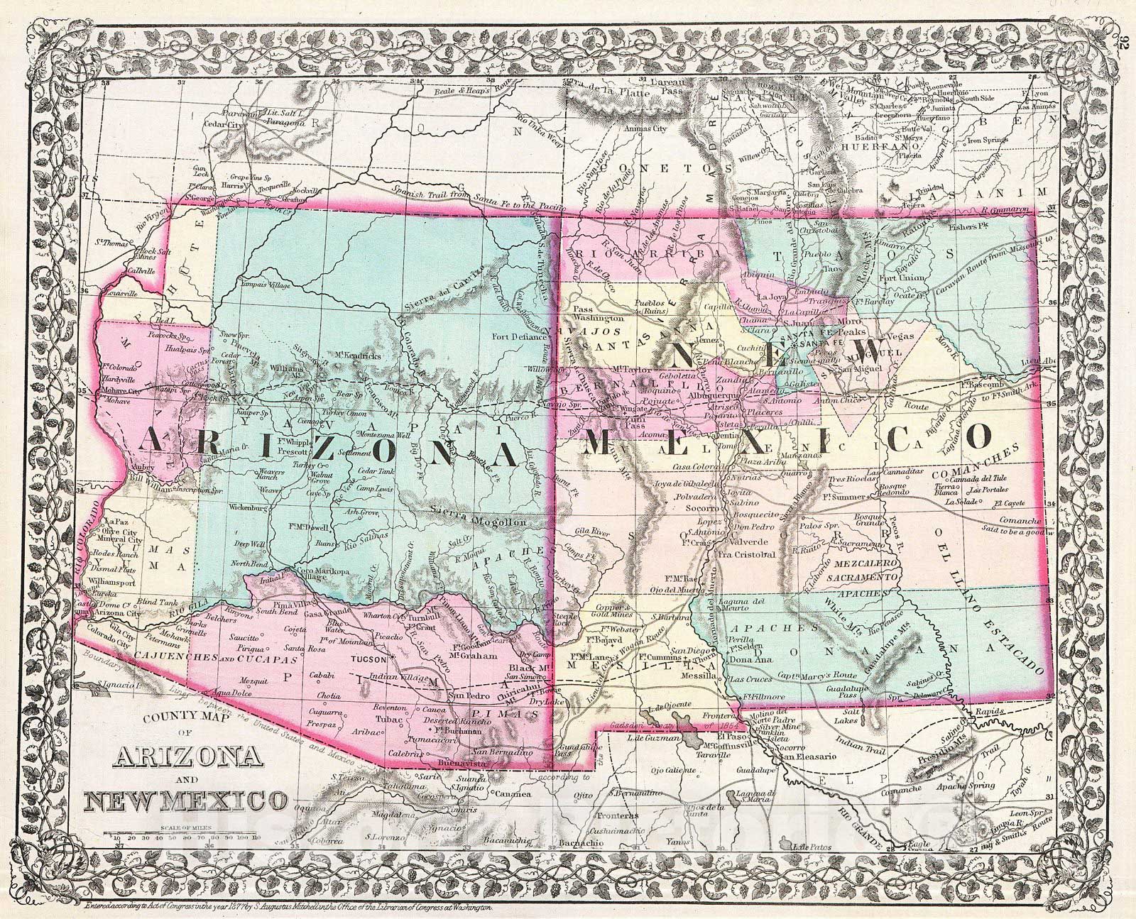 Historic Map : Mitchell Map of Arizona and New Mexico , 1877, Vintage Wall Art