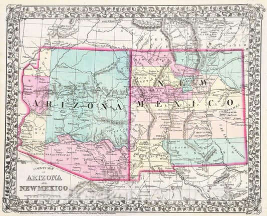 Historic Map : Mitchell Map of Arizona and New Mexico , 1877, Vintage Wall Art