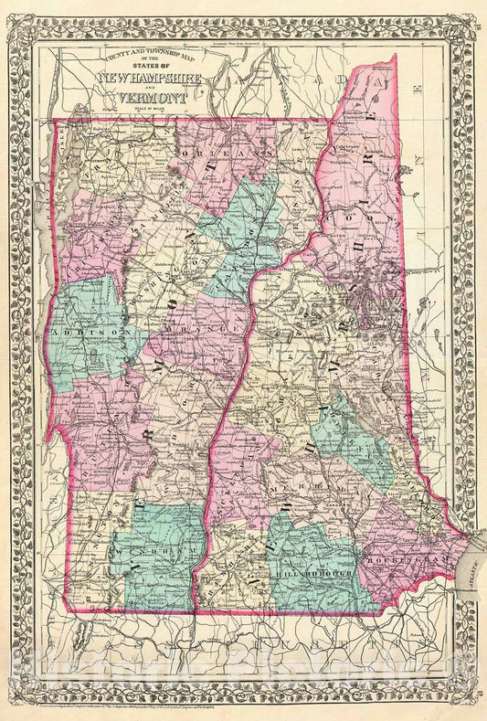 Historic Map : Mitchell Map of Vermont and New Hampshire, Version 3, 1877, Vintage Wall Art