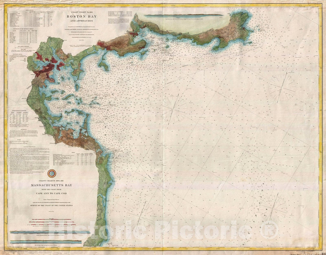 Historic Map : U.S. Coast Survey Map or Chart of Boston Bay and Harbor, 1877, Vintage Wall Art