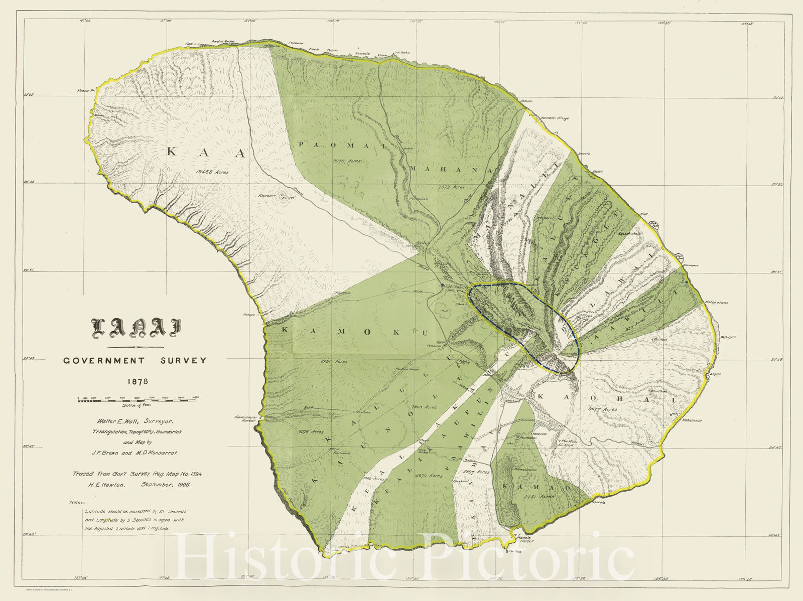 Historic Map : Government Land Office Map of Lanai, Hawaii, 1878, Vintage Wall Art