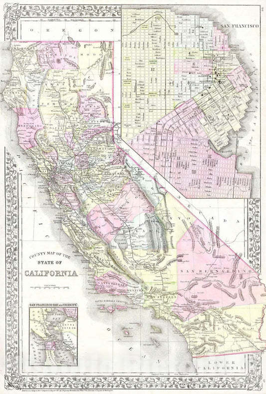 Historic Map : Mitchell Map of California w San Francisco Inset, Version 2, 1881, Vintage Wall Art