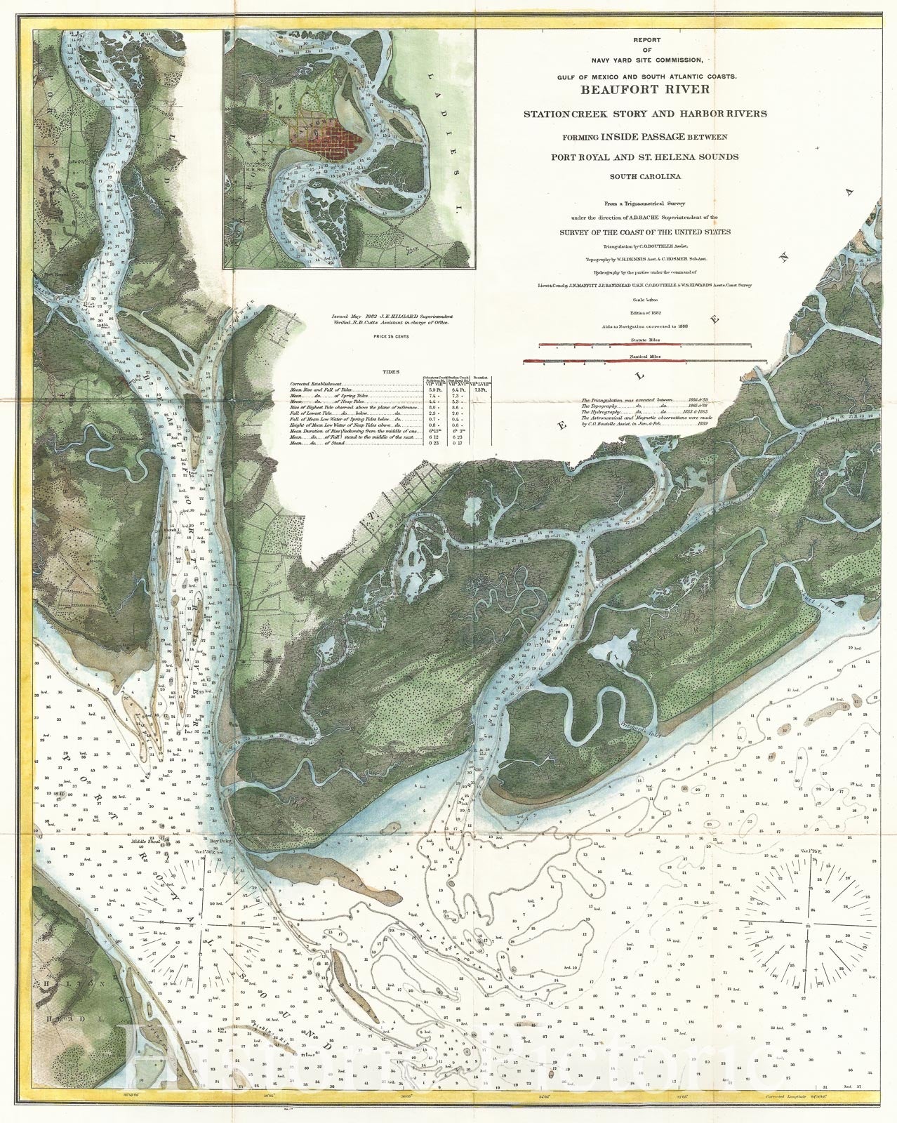Historic Map : U.S. Coast Survey Map of Beaufort, South Carolina, 1882, Vintage Wall Art