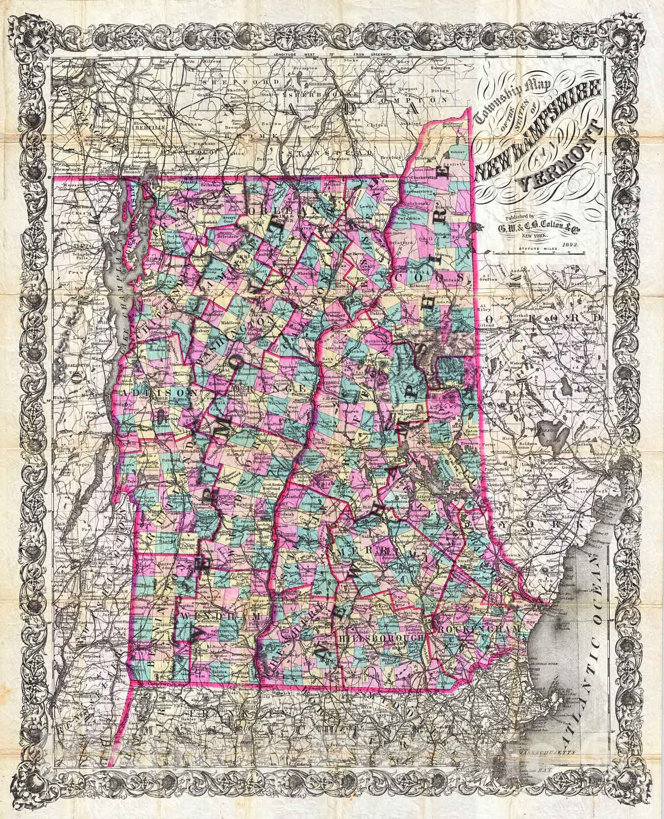 Historic Map : Colton Pocket Map of Vermont and New Hampshire, 1892, Vintage Wall Art