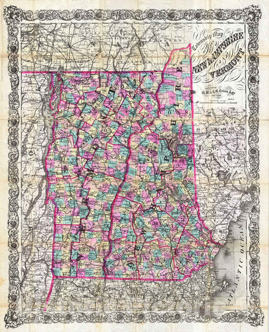 Historic Map : Colton Pocket Map of Vermont and New Hampshire, 1892, Vintage Wall Art