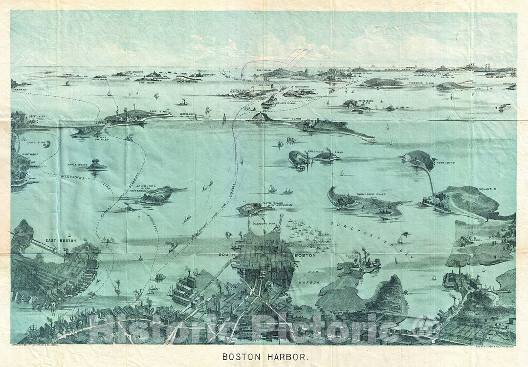 Historic Map : Walker View of Boston Harbor, 1897, Vintage Wall Art