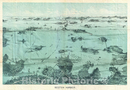 Historic Map : Walker View of Boston Harbor, 1897, Vintage Wall Art