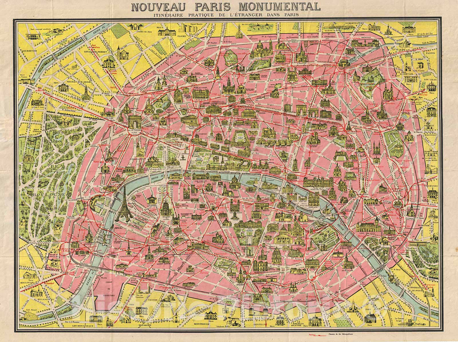 Historic Map : Leconte Pocket Map of Paris, France (with Eiffel Tower and Metro), 1920, Vintage Wall Art