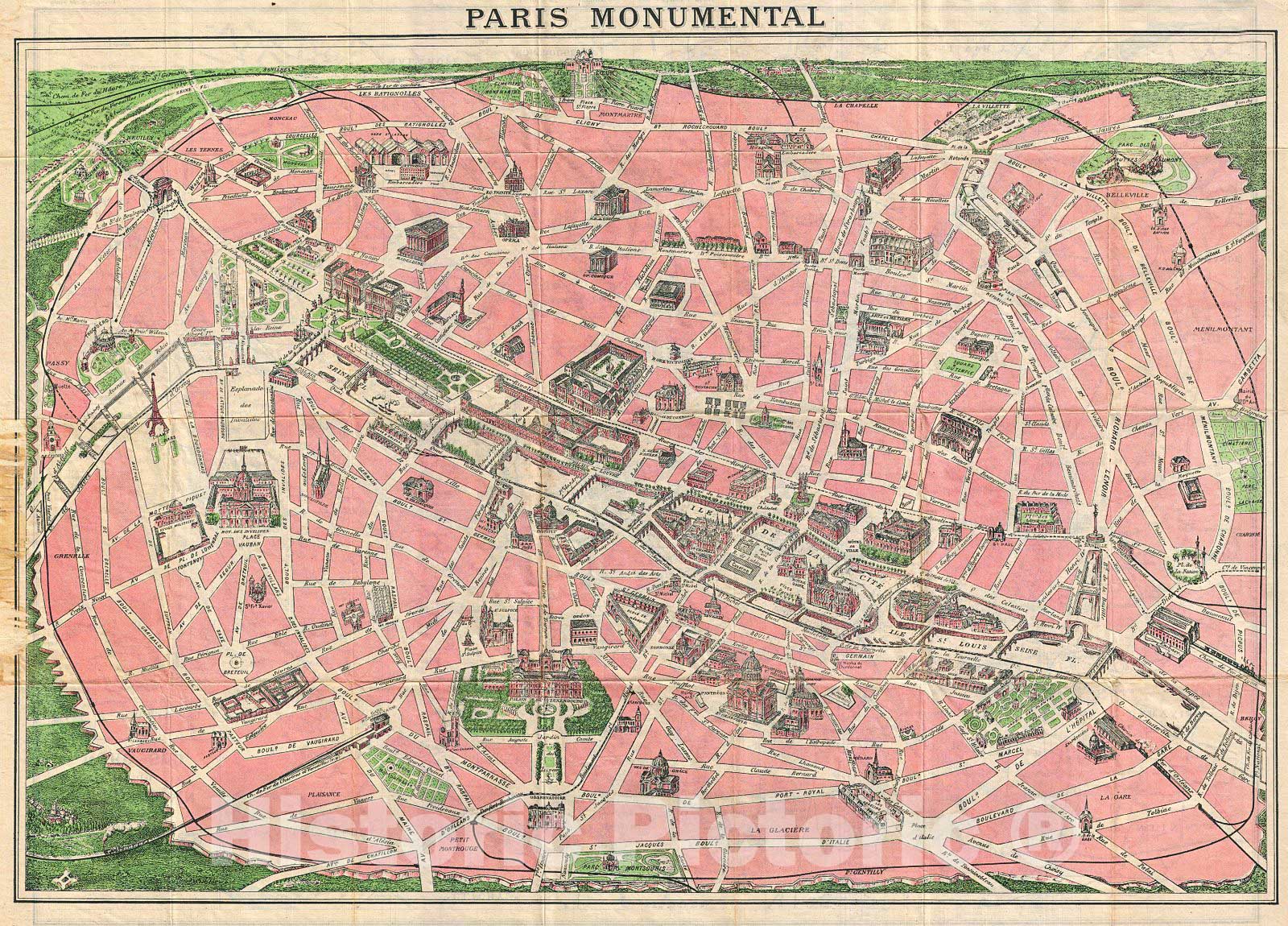 Historic Map : Leconte and Joly Map of Paris, France w Monuments, 1927, Vintage Wall Art