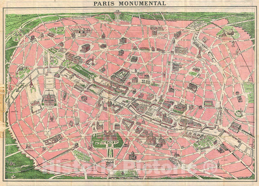 Historic Map : Leconte and Joly Map of Paris, France w Monuments, 1927, Vintage Wall Art