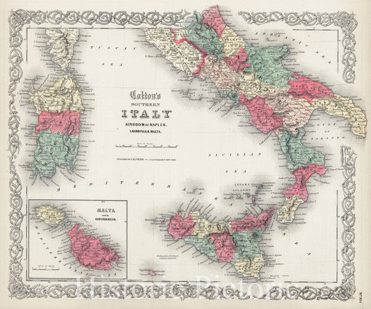 Historic Map : Colton's Map of Southern Italy, Sicily, Sardinia and Malta , 1855, Vintage Wall Art