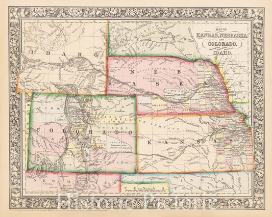 Historic Map : Mitchell Map of Colorado, Kansas & Nebraska , 1864, Vintage Wall Art