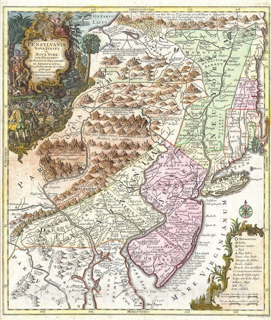 Historic Map : Lotter Map of Pennsylvania, New Jersey & New York , 1756, Vintage Wall Art