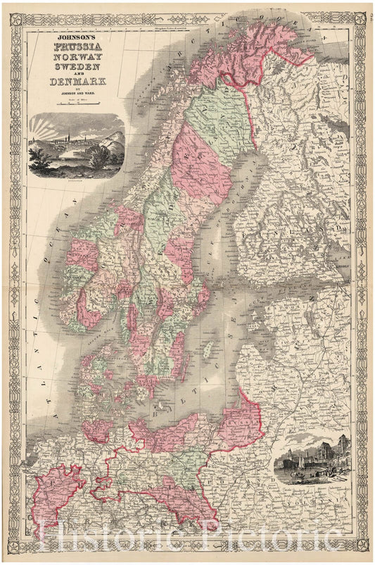 Historic Map : Johnson's Map of Scandinavia, Norway, Sweden, Finland & Denmark, 1862, Vintage Wall Art