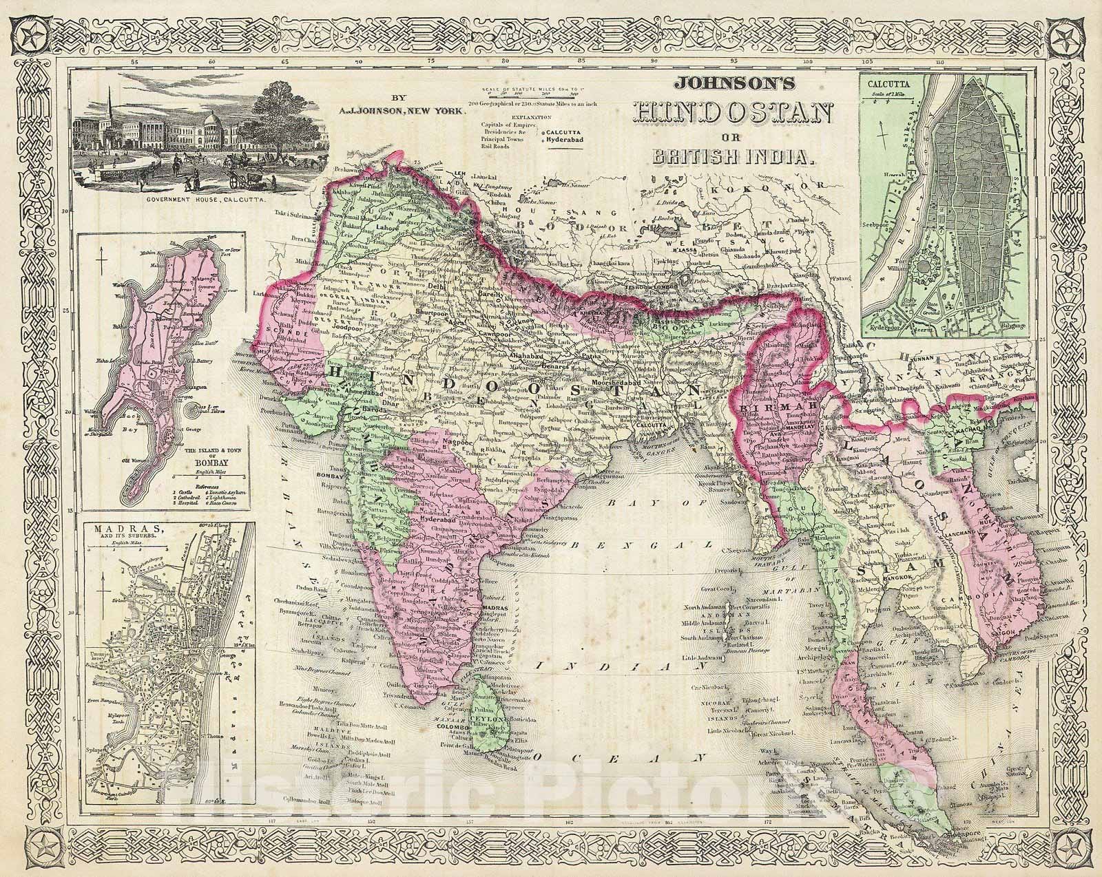 Historic Map : Johnson's Map of India (Hindostan or British India) , 1864, Vintage Wall Art