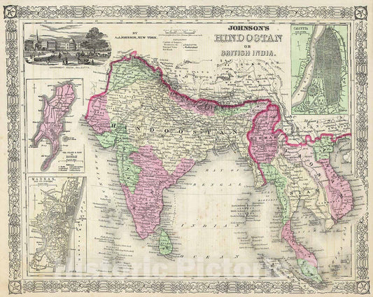 Historic Map : Johnson's Map of India (Hindostan or British India) , 1864, Vintage Wall Art